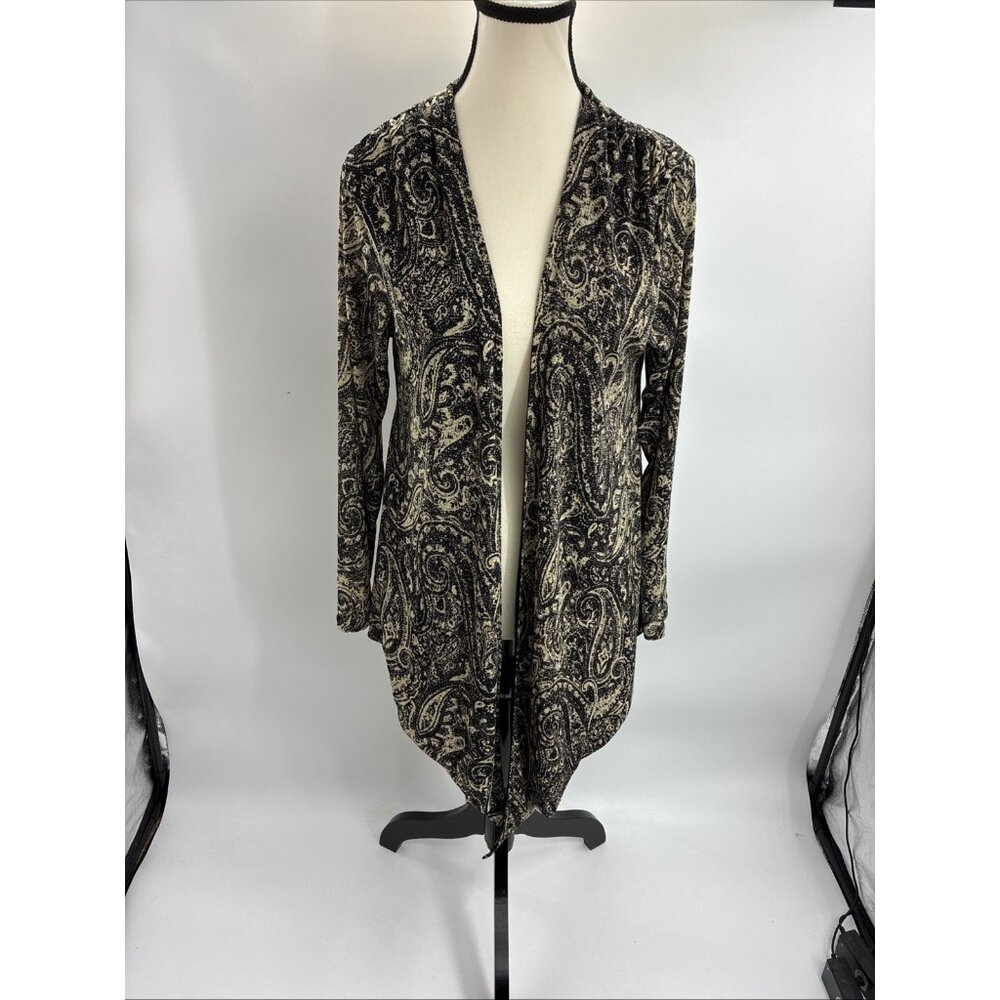 Jones New York Womens Size M Open Front Cardigan Black Beige Paisley Print Knit